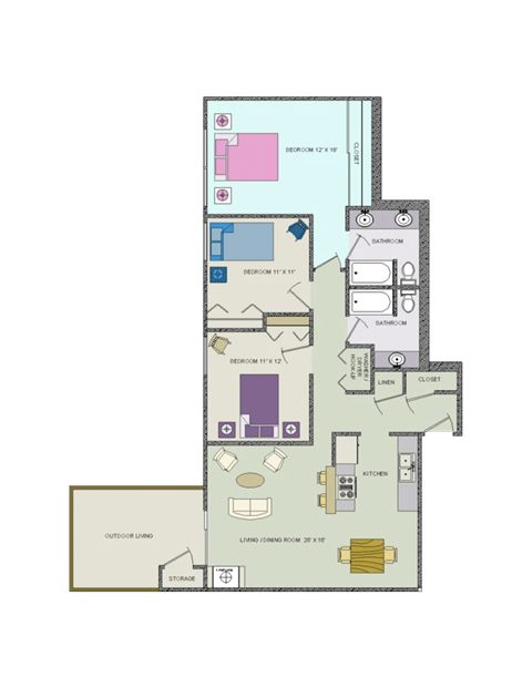 Floor plan for 3 beds, 2 baths, 1173 sqft